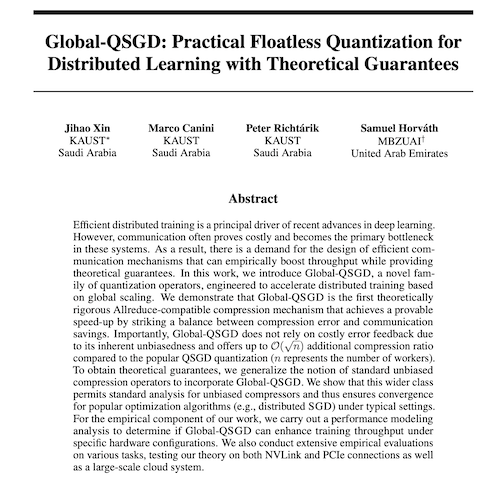 Global-QSGD: Practical Floatless Quantization for Distributed Learning with Theoretical Guarantees