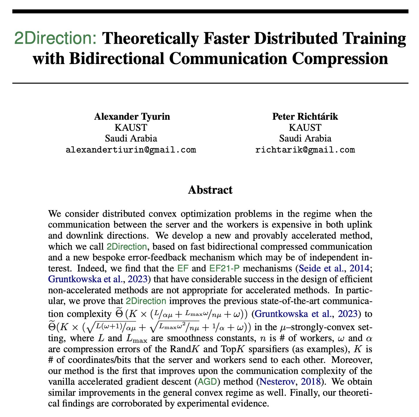 2Direction: Theoretically Faster Distributed Training with Bidirectional Communication Compression